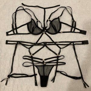 Bluebella Mesh Black Bra & Thong & Harness Set New Without Tags